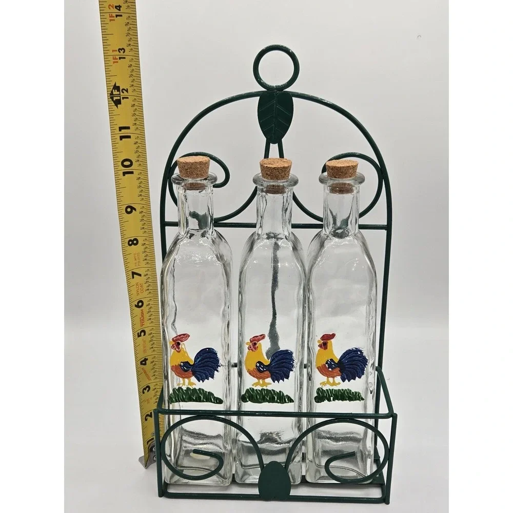 Vintage Rooster Oil and Vinegar Glass Bottles In Holder‎ Set of 3